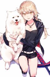 Rule 34 | 1girl, :d, animal, artoria pendragon (all), artoria pendragon (fate), belt, black ribbon, black shirt, black shorts, blonde hair, breasts, cavall the 2nd, cleavage, collarbone, dog, excalibur morgan (fate), fate/grand order, fate/stay night, fate (series), hair ribbon, hands in pockets, highres, hood, hood down, hoodie, hug, jewelry, large breasts, long hair, long sleeves, looking at viewer, medium breasts, midriff, navel, necklace, nekoyashiki pushio, official alternate costume, open mouth, pendant, ponytail, ribbon, saber (fate), saber alter, saber alter (ver. shinjuku 1999) (fate), shirt, short shorts, shorts, simple background, smile, solo, squatting, standing, white background, yellow eyes