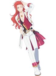 Rule 34 | 1boy, ;), belt, commentary, earrings, english commentary, full body, hand in own hair, hand in pocket, highres, idol, jewelry, male focus, official art, one eye closed, pants, red hair, shoes, single earring, smile, solo, tales of (series), tales of asteria, tales of symphonia, transparent background, zelos wilder