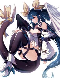 Rule 34 | 1girl, asymmetrical wings, black panties, black tail, black thighhighs, black wings, blue hair, boots, breasts, cleavage, commentary, cropped shirt, detached collar, detached sleeves, dizzy (guilty gear), feathered wings, guilty gear, highres, hina co 330, large breasts, long hair, long sleeves, navel, panties, red eyes, ribbon, shirt, simple background, solo, strapless, strapless shirt, tail, tail ornament, tail ribbon, thighhighs, underwear, white background, white footwear, white shirt, white sleeves, white wings, wide sleeves, wings, yellow ribbon