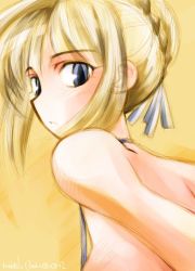 Rule 34 | 00s, artoria pendragon (all), artoria pendragon (fate), blonde hair, blue eyes, ears visible through hair, fate/stay night, fate (series), looking back, mike156, saber (fate), solo