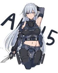 Rule 34 | 1girl, ak-15 (girls&#039; frontline), arm on own head, arm up, armpits, artificial eye, bare shoulders, breasts, character name, detached sleeves, epomeno, girls&#039; frontline, grey hair, highres, holding, holding knife, knife, large breasts, long hair, looking at viewer, mask, mask around neck, midriff, navel, pants, pouch, purple eyes, simple background, solo, tactical clothes, thigh gap, thigh pouch, white background
