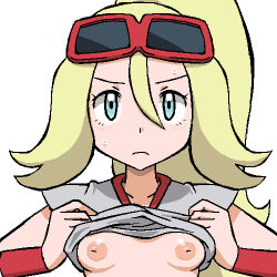 Rule 34 | 1girl, blonde hair, blue eyes, breasts, breasts out, creatures (company), game freak, glasses, gomatarou (pixiv196136), korrina (pokemon), looking at viewer, lowres, nintendo, nipples, pokemon, pokemon xy