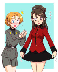 Rule 34 | 2girls, ^^^, amaretto (girls und panzer), anzio military uniform, aqua background, asymmetrical bangs, belt, black belt, black bow, black shirt, black skirt, blue eyes, blush, border, bow, braid, brown eyes, brown hair, commentary, cosplay, costume switch, dress shirt, epaulettes, flying sweatdrops, frown, girls und panzer, grey jacket, grey shorts, hair bow, half updo, jacket, long hair, long sleeves, looking at another, military, military uniform, miniskirt, motion lines, multiple girls, oosaka kanagawa, open mouth, orange hair, orange pekoe (girls und panzer), outside border, parted bangs, pleated skirt, red eyes, red jacket, shirt, short hair, shorts, skirt, skirt hold, st. gloriana&#039;s military uniform, standing, sweatdrop, swept bangs, uniform, white border, wing collar