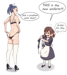 Rule 34 | 2girls, ?, age difference, ass, black bra, black panties, blush, bra, butt crack, english text, giggelman, hair ornament, hairclip, high heels, highres, holding, holding bra, holding clothes, holding panties, holding underwear, maid, multiple girls, original, panties, panty pull, profile, shoes, short sleeves, speech bubble, standing, sweat, thighhighs, underwear, white background, white legwear