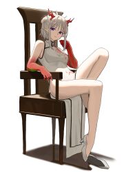 Rule 34 | 1girl, arknights, breasts, chair, china dress, chinese clothes, closed mouth, colored skin, commentary, covered navel, dragon girl, dragon horns, dress, full body, gradient skin, grey hair, high heels, highres, horns, leg up, looking at viewer, multicolored hair, natoriusu sansei, nian (arknights), nian (unfettered freedom) (arknights), official alternate costume, pinup (style), pointy ears, purple eyes, red hair, red horns, red skin, shoes, short hair with long locks, sidelocks, simple background, single shoe, sleeveless, sleeveless dress, small breasts, solo, streaked hair, unworn shoe, unworn shoes, white background, white dress, white footwear