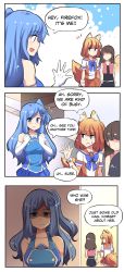 Rule 34 | 3girls, 3koma, absurdres, animal ears, blue eyes, blue hair, breasts, comic, elbow gloves, english text, firefox (browser), flat chest, fox ears, fox tail, gloves, highres, internet explorer, large breasts, long hair, medium hair, microsoft, mozilla firefox, multiple girls, one side up, os-tan, osiimi, personification, sad, sailor collar, stitched, tail, third-party edit, white gloves