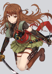 Rule 34 | 1girl, absurdres, antenna hair, bike shorts, black gloves, black shorts, boots, breasts, brown footwear, brown hair, cross-laced footwear, elbow gloves, floating hair, gloves, green skirt, grey background, headband, highres, holding, holding knife, holding sword, holding weapon, katana, knee boots, knife, lace-up boots, large breasts, long hair, looking at viewer, miniskirt, ninja, original, pleated skirt, short sleeves, shorts, shorts under skirt, simple background, skirt, smile, solo, sword, thigh strap, toriatto gununu, weapon, yellow eyes