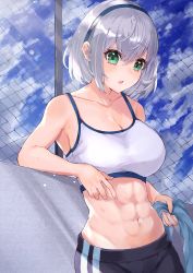 Rule 34 | 1girl, :o, abs, absurdres, alternate costume, bare arms, bare shoulders, blue sky, breasts, cleavage, collarbone, cowboy shot, green eyes, hairband, haru yu, highres, holding, holding towel, hololive, huge filesize, large breasts, light blush, looking at viewer, midriff, navel, shirogane noel, short hair, silver hair, sky, solo, sports bra, surprised, sweat, toned, towel, virtual youtuber