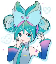 Rule 34 | 1girl, aqua eyes, aqua hair, aqua nails, aqua necktie, arm tattoo, bare shoulders, blue bow, blue sleeves, bow, bright pupils, cinnamiku, collared shirt, detached sleeves, double bun, drop shadow, gradient sleeves, grey shirt, hair bow, hair bun, hair ornament, halftone, hand up, hatsune miku, heart, index finger raised, long hair, long sleeves, looking at viewer, machigami yoh, nail polish, necktie, number tattoo, purple sleeves, shirt, simple background, sleeveless, sleeveless shirt, smile, solo, tattoo, tongue, tongue out, updo, upper body, vocaloid, white background, white pupils