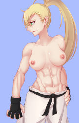 Rule 34 | 1girl, abs, absurdres, bad id, bad pixiv id, blonde hair, breasts, character request, d-fands, dougi, female focus, green eyes, hand on own hip, high ponytail, highres, long hair, looking away, muscular, nipples, nose, parted lips, sideways mouth, simple background, solo, topless