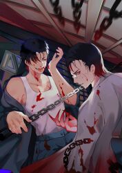 Rule 34 | 2boys, black hair, black jacket, blood, blood on clothes, blood on face, chain, chen ge, doufujintianxianle, gao ming, glasses, gradient hair, indoors, jacket, lab coat, multicolored hair, multiple boys, my house of horrors, red eyes, shirt, short hair, sleeveless, sleeveless shirt, tongue, tongue out