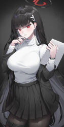 Rule 34 | 1girl, absurdres, black background, black hair, black jacket, black skirt, blue archive, breasts, cowboy shot, hair ornament, hairclip, halo, highres, holding, holding tablet pc, jacket, large breasts, long hair, miniskirt, off shoulder, pantyhose, parted lips, pleated skirt, red eyes, rio (blue archive), skirt, solo, sweat, sweater, tablet pc, toramin (tora min ), turtleneck, turtleneck sweater, very long hair, watch, white sweater, wristwatch