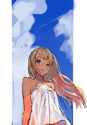 Rule 34 | 1girl, alessandra susu, bad id, bad pixiv id, bare shoulders, blonde hair, blue eyes, blue sky, blush, breasts, cloud, cloudy sky, day, earrings, eyelashes, halterneck, jewelry, long hair, looking at viewer, one eye closed, rr (suisse200), see-through, shirt, sky, sleeveless, sleeveless shirt, smile, solo, tan, tanline, tokyo 7th sisters, upper body, white shirt, wind, wink