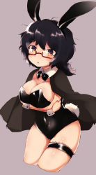 Rule 34 | 10s, 1girl, animal ears, bad id, bad pixiv id, black bow, black bowtie, black eyes, black hair, black leotard, bow, bowtie, breast hold, breasts, bridal garter, cleavage, cowboy shot, cropped legs, crossed arms, detached collar, fake animal ears, fake tail, girls und panzer, glasses, grey background, haori, japanese clothes, large breasts, leotard, looking at viewer, messy hair, oryou (girls und panzer), parted lips, playboy bunny, rabbit ears, rabbit tail, red-framed eyewear, semi-rimless eyewear, short hair, short ponytail, simple background, sketch, solo, standing, strapless, strapless leotard, tail, thigh strap, toyosu toyosu, under-rim eyewear, wrist cuffs