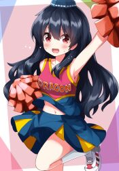Rule 34 | 1girl, :d, alternate costume, armpits, bare shoulders, black hair, blue skirt, blue tank top, blush, cheerleader, clothes writing, commentary, dot nose, eyes visible through hair, foot out of frame, hair between eyes, hat, highres, iizunamaru megumu, kneehighs, leg up, long hair, looking at viewer, midriff peek, miniskirt, navel, open mouth, outstretched arm, pink tank top, pom pom (cheerleading), red eyes, ruu (tksymkw), skirt, sleeveless, smile, socks, solo, standing, standing on one leg, sweat, tank top, tokin hat, touhou, white socks, yellow skirt