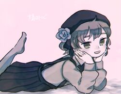 Rule 34 | 1girl, arm support, beret, black hat, black ribbon, black skirt, brown eyes, brown hair, character name, commentary request, flower, foot out of frame, foot up, from side, grey shirt, grey socks, hands on own chin, hat, hat flower, hat ribbon, hatoba tsugu, looking at viewer, looking to the side, lying, mole, mole under eye, on stomach, open mouth, pink background, pleated skirt, ribbon, shirt, short hair, skirt, smile, socks, solo, suspender skirt, suspenders, translation request, tsugu (vtuber), virtual youtuber, zunda mochiko