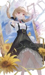 Rule 34 | 1girl, arm strap, armpits, belt, bird, black bow, black dress, black skirt, blonde hair, blue sky, blunt bangs, blush, bow, capelet, cloud, detached sleeves, dress, duck, duckling, falling petals, flower, frilled skirt, frills, gem, hair intakes, highres, jewelry, kogara toto, long hair, low twintails, lupinus virtual games, nakashima (pluscolor), parted lips, pendant, petals, picture frame, pink flower, pleated shirt, puffy sleeves, purple flower, red eyes, red gemstone, shirt, skirt, sky, sleeveless, sleeveless shirt, solo, sunflower, suspender skirt, suspenders, through medium, through painting, twintails, virtual youtuber, vspo!, white background, white capelet, white flower, white skirt