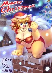 Rule 34 | 1girl, bikini, blonde hair, blue eyes, breasts, cat, christmas, female focus, furry, furry female, hat, highres, navel, ni jikan, open mouth, outdoors, plant, short hair, sky, snow, solo, swimsuit