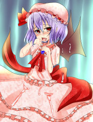 Rule 34 | 1girl, ascot, bad id, bad pixiv id, bat wings, blue hair, blush, bow, dress, fang, female focus, frills, highres, red eyes, remilia scarlet, short hair, solo, suggestive fluid, touhou, wagoromo kei, wet, wings, ykossan (movile)