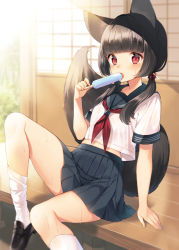 Rule 34 | 1girl, animal ears, black hair, blush, day, food, fox ears, fox tail, hair ribbon, loafers, long hair, looking at viewer, low twintails, midorikawa you, neckerchief, open mouth, original, outdoors, popsicle, red eyes, red neckerchief, ribbon, school uniform, serafuku, shade, shoes, short sleeves, sitting, skirt, solo, sweat, tail, twintails, white legwear