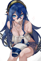 Rule 34 | 1girl, beata (walzrj), beret, blue hair, bra, breasts, cleavage, denim, denim shorts, dress, front-tie bra, hairband, hammock, hat, unworn headwear, hip vent, jewelry, long hair, looking at viewer, mouth hold, necklace, original, pointy ears, ponytail, shorts, simple background, smile, solo, strapless, strapless dress, underwear, walzrj, white background
