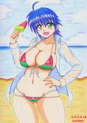 Rule 34 | 1girl, absurdres, ahoge, artist name, ass, bikini, blue hair, blush, breasts, cleavage, collarbone, dated, food, food print, gh9000, gluteal fold, green eyes, highres, large breasts, looking at viewer, lyrical nanoha, mahou shoujo lyrical nanoha strikers, navel, open mouth, popsicle, short hair, smile, solo, subaru nakajima, swimsuit, watermelon print
