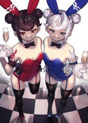 Rule 34 | 2girls, absurdres, animal ears, bare shoulders, black hair, black thighhighs, blue eyes, bow, bowtie, breasts, champagne flute, checkered floor, cup, detached collar, double bun, drinking glass, fake animal ears, garter straps, grin, hair bun, hair ornament, hairclip, highres, leotard, multiple girls, nakanishi tatsuya, original, playboy bunny, rabbit ears, red eyes, smile, thighhighs, tray, white hair