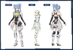 Rule 34 | 1girl, armor, bare shoulders, blue hair, breasts, cleavage, concept art, hair ornament, leotard, medium breasts, multiple views, phantasy star, phantasy star online 2, pointy ears, red eyes, sega, short hair, simple background, standing, thighhighs, thousand rim, turnaround, twintails