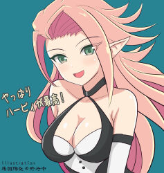 Rule 34 | 1girl, bare shoulders, blue background, blush, breasts, cleavage, collarbone, commentary request, duel monster, green eyes, harpie conductor, harpy, highres, large breasts, long hair, monster girl, open mouth, pink hair, pointy ears, smile, solo, swept bangs, translation request, upper body, usuba kagerou (shougyouchu), yu-gi-oh!