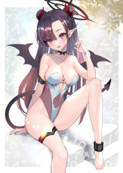 Rule 34 | 1girl, :d, absurdres, bare shoulders, barefoot, black hair, blue nails, blush, breasts, choker, cleavage, demon tail, demon wings, double bun, hair bun, halo, highres, hitowa, leotard, long hair, looking at viewer, nail polish, open mouth, original, pink eyes, pink hair, sitting, smile, solo, tail, wings