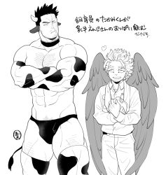 Rule 34 | 2boys, animal ears, animal print, bara, black male underwear, boku no hero academia, briefs, bulge, chest hair, chinese zodiac, couple, cow boy, cow ears, cow horns, cow print, cow tail, crossed arms, endeavor (boku no hero academia), facial hair, feathered wings, greyscale, hawks (boku no hero academia), horns, kemonomimi mode, large pectorals, leg hair, male focus, male underwear, mature male, monochrome, multiple boys, muscular, muscular male, pectorals, print legwear, scar, scar across eye, scar on face, sekijaku, short hair, sideburns, spiked hair, stubble, tail, thick thighs, thighhighs, thighs, translation request, underwear, underwear only, wings, yaoi, year of the ox