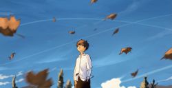 Rule 34 | 1boy, :o, autumn, autumn leaves, black hair, blue sky, child, cloud, collared shirt, hand in pocket, highres, leaf, long sleeves, looking up, male focus, open mouth, original, outdoors, shirt, short hair, sky, solo, standing, taizo (taizo 03), white shirt, wind