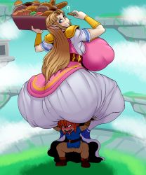Rule 34 | 1boy, 1girl, absurdres, armor, ass, ber00, between buttocks, blonde hair, blue eyes, bracelet, bread, breasts, carrying, carrying overhead, circlet, cookie, dress, drooling, eating, food, from behind, highres, huge ass, huge breasts, jewelry, link, long hair, looking back, muffin, nintendo, pauldrons, plump, pointy ears, princess zelda, short guy, shoulder armor, sitting, sitting on person, size difference, super smash bros., the legend of zelda, thick thighs, thighs, towering, white dress, wide hips