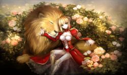 Rule 34 | 10s, 1girl, animal, bad id, bad pixiv id, blonde hair, breasts, cleavage, dress, fate/extra, fate/grand order, fate (series), flower, green eyes, highres, lion, meaomao, nero claudius (fate), nero claudius (fate) (all), nero claudius (fate/extra), red dress, rose, see-through, sitting, smile, solo