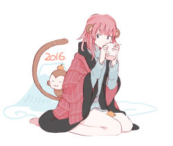 Rule 34 | 1girl, 2016, animal ears, bare legs, blue sleeves, blue sweater, blunt bangs, chinese zodiac, cloud, cup, drinking, fingernails, food, fruit, full body, h kawa, holding, holding cup, kneeling, layered sleeves, long hair, long sleeves, looking at animal, mandarin orange, monkey, monkey ears, monkey tail, mount fuji, open clothes, open robe, original, oversized clothes, pink hair, plaid robe, plaid sleeves, red robe, red sleeves, robe, simple background, solo, sweater, tail, turtleneck, turtleneck sweater, white background, wide sleeves, year of the monkey