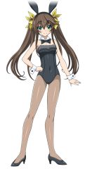 Rule 34 | 10s, 1girl, animal ears, black bow, black hairband, black leotard, bow, bowtie, breasts, brown hair, collar, covered navel, eyebrows, fake animal ears, full body, green eyes, hair ribbon, hairband, hand on own hip, highres, huang lingyin, infinite stratos, leotard, long hair, looking at viewer, pantyhose, playboy bunny, rabbit ears, ribbon, small breasts, smile, solo, strapless, strapless leotard, transparent background, twintails, yellow ribbon