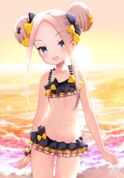 Rule 34 | 1girl, :d, abigail williams (emerald float) (fate), abigail williams (fate), bad id, bad pixiv id, bare arms, bare shoulders, bell (oppore coppore), bikini, black bikini, black bow, blonde hair, blue eyes, blush, bow, collarbone, commentary request, double bun, emerald float, fate/grand order, fate (series), forehead, hair bow, head tilt, highres, horns, long hair, looking at viewer, navel, ocean, official alternate costume, open mouth, orange bow, outdoors, side bun, sidelocks, smile, solo, sunset, swimsuit, water, wet