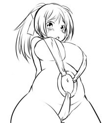 Rule 34 | 1girl, arms behind back, blush, breasts, from below, greyscale, large breasts, lineart, looking at viewer, looking down, monochrome, simple background, slingshot swimsuit, solo, swimsuit, white background, zaxwu