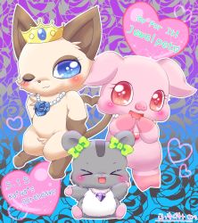 Rule 34 | 3girls, artist request, blue eyes, cat, character request, closed eyes, furry, highres, jewelpet, jewelpet (series), multiple girls, pig, red eyes