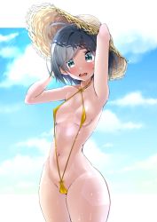 Rule 34 | 1girl, ahoge, aqua eyes, arm behind head, arm up, armpits, bare arms, bare shoulders, black hair, blue eyes, blue sky, blush, bracelet, breasts, cameltoe, cloud, cloudy sky, collarbone, commentary request, covered erect nipples, cowboy shot, criss-cross halter, day, fang, groin, halterneck, hand up, hat, highres, hikigaya komachi, jewelry, looking at viewer, navel, necklace, nose blush, open mouth, original, ribs, sarujie (broken monky), short hair, sky, slingshot swimsuit, small breasts, solo, standing, stomach, straw hat, sun hat, swimsuit, wet, yahari ore no seishun lovecome wa machigatteiru.