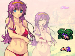 Rule 34 | 1girl, asamiya athena, athena (series), bikini, blush, breasts, cleavage, group sex, interspecies, large breasts, long hair, mmf threesome, monster, multiple views, nipples, open mouth, orc, penis, pixel art, princess athena, purple hair, red bikini, sex, solo focus, spitroast, swimsuit, threesome, torn clothes, yoko juusuke, zoom layer