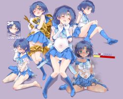 Rule 34 | 1girl, 1other, absurdres, ass, bandaid, bandaid on hand, bandaid on knee, bandaid on leg, barefoot, bishoujo senshi sailor moon, blue eyes, blue hair, blue skirt, blush, boots, burnt, burnt clothes, choker, commentary request, covered navel, crying, dirty, closed eyes, fallen down, feet, full body, gloves, groin, hand to own mouth, highres, hinayua r18, injury, knee boots, knees up, legs, leotard, miniskirt, mizuno ami, monster, one eye closed, open mouth, restrained, sailor collar, sailor mercury, short hair, single boot, sitting, skirt, slime (creature), smoke, tears, thigh gap, thighs, tiara, toes, torn clothes, torn skirt, upskirt, white gloves, white leotard, wind, wind lift