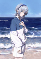 Rule 34 | 1girl, 7ife, absurdres, beach, blue eyes, blue hair, blue hairband, blue shirt, blue sky, closed mouth, commentary, cowboy shot, english commentary, from side, hairband, hand on own chest, headband, highres, long sleeves, looking at viewer, looking to the side, ocean, original, outdoors, pocket, shirt, shorts, sky, solo, waves, white shirt, white shorts