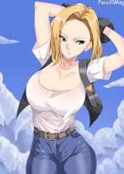 Rule 34 | 1girl, :o, android 18, arms up, artist name, belt, blonde hair, blue eyes, blue sky, breasts, cleavage, cloud, cloudy sky, denim, dragon ball, dragonball z, earrings, facu10mag, gloves, highres, jeans, jewelry, large breasts, lips, pants, shirt, short hair, sky, solo, t-shirt, vest