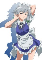 Rule 34 | 1girl, apron, arm behind head, blue dress, bow, buttons, collared shirt, dress, feet out of frame, frilled apron, frilled dress, frills, green bow, grey eyes, grey hair, gyouza (mhea5724), hair bow, highres, izayoi sakuya, maid, maid apron, maid headdress, open mouth, shirt, short hair, short sleeves, simple background, solo, touhou, twintails, white apron, white background, white shirt
