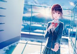 Rule 34 | 1girl, blazer, blue jacket, blue skirt, blue sky, blurry, blurry background, blush, bob cut, bow, bowtie, brown hair, building, city, collared shirt, commentary request, fence, hand up, highres, hiten (hitenkei), jacket, long sleeves, looking at viewer, minase akiha, outdoors, outstretched arm, parted lips, plaid, plaid skirt, pleated skirt, purple eyes, red bow, red bowtie, rooftop, sankaku no kyori wa kagirinai zero, school uniform, shirt, short hair, skirt, sky, solo, standing, sunset, white shirt