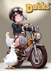 Rule 34 | 1girl, abazu-red, bird, blouse, blue jacket, blush, boots, bow, breasts, brown hair, commentary request, crop top, duck, english text, goggles, goggles on headwear, grey shirt, grey thighhighs, helmet, highres, hololive, honda, jacket, long sleeves, looking at viewer, medium hair, motor vehicle, motorcycle, motorcycle helmet, official alternate costume, on motorcycle, oozora subaru, oozora subaru (work), shadow, shirt, sidelocks, sitting, skirt, smile, solo, striped clothes, striped shirt, subaru duck, suspender skirt, suspenders, swept bangs, thighhighs, vertical-striped clothes, vertical-striped shirt, virtual youtuber