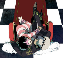 Rule 34 | 2boys, barefoot, bdsm, blindfold, bondage, bound, bound ankles, bound wrists, chair, checkered floor, floor, fuzzy hat, hat, jacket, jolly roger, male focus, monkey d. luffy, multiple boys, one piece, open mouth, pirate, punk hazard, red upholstery, sitting, striped, trafalgar law, yaoi