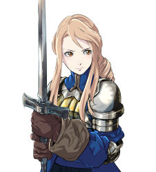 Rule 34 | 1girl, agrias oaks, armor, blonde hair, braid, breasts, closed mouth, commentary request, final fantasy, final fantasy tactics, gloves, highres, knight, long hair, looking at viewer, o sho, simple background, single braid, solo, sword, weapon, white background