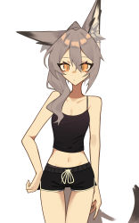 Rule 34 | 1girl, absurdres, animal ear fluff, animal ears, black shorts, black tank top, breasts, collarbone, expressionless, fenrir (ghost (tama)), ghost (tama), hair between eyes, hand on own hip, highres, looking at viewer, medium breasts, navel, open hands, orange eyes, original, ponytail, short shorts, shorts, solo, tank top, thigh gap, white background, wolf ears, wolf girl